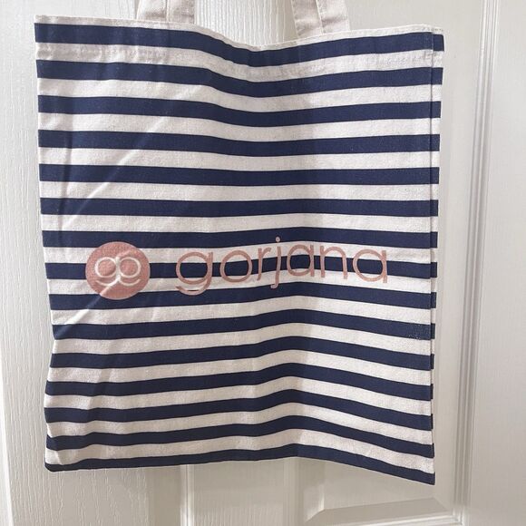 Gorjana Blue and Off-White Striped Canvas Logo Reusable Shopping Tote Bag - Picture 4 of 11